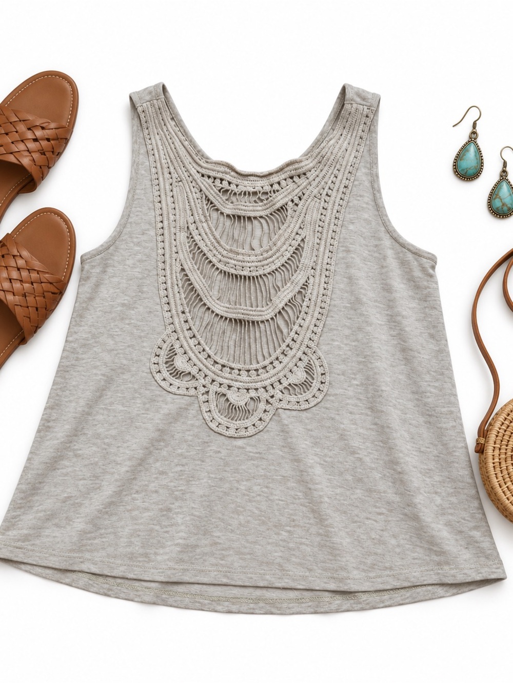 Mango MNG Basics Tank Top Womens Small Beige Crochet Back Scoop Neck Boho Casual